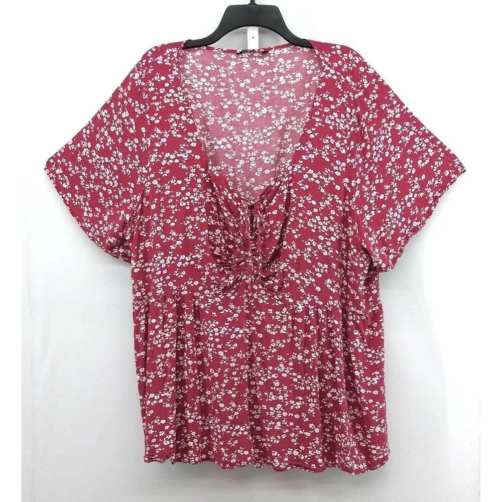 Bloom Chic Blouse Womens Size 26 Red Mini Floral Short Sleeve Pullover Top